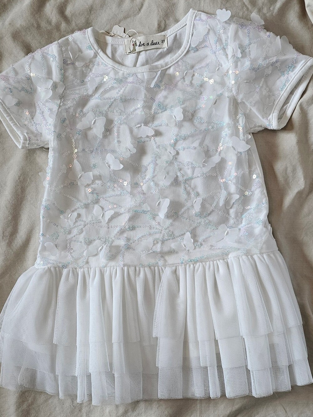 Doe A Dear White Butterfly Sequin Tulle Dress Top Toddler Girls 2T
